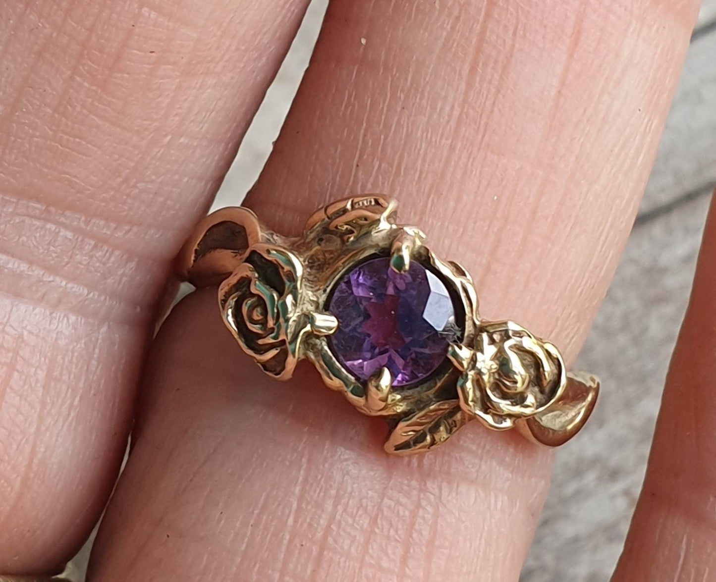 Gold rose ring,amethyst,9ct gold,flower,boho,art nouveau,victorian,vintage,handmade,gypsy,goddess,women fashion