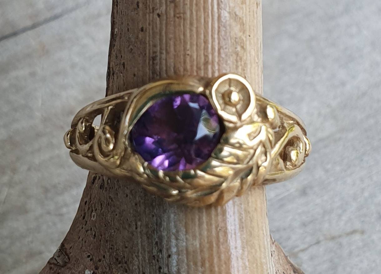 Gold amethyst ring,9ct gold,ornate flower  leaf,vine,boho,art nouveau,victorian,vintage,handmade,gypsy,goddess,women fashion