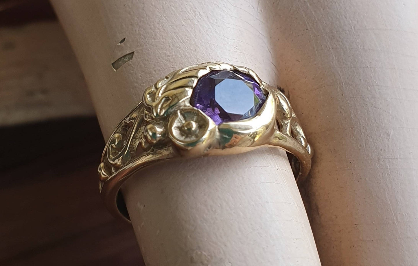 Gold amethyst ring,9ct gold,ornate flower  leaf,vine,boho,art nouveau,victorian,vintage,handmade,gypsy,goddess,women fashion