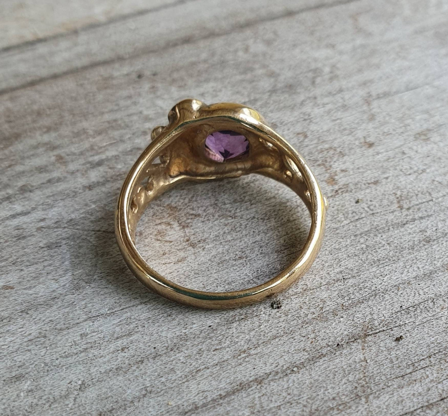 Gold amethyst ring,9ct gold,ornate flower  leaf,vine,boho,art nouveau,victorian,vintage,handmade,gypsy,goddess,women fashion