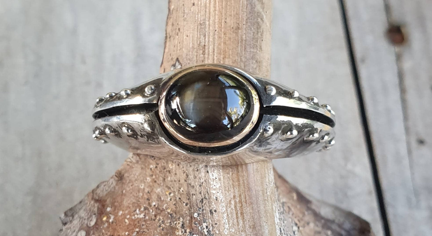 Diopside ring,two tone,sterling silver,9ct gold  setting,rustic handmade,chunky ring,boho,new age,ball ring,stone,