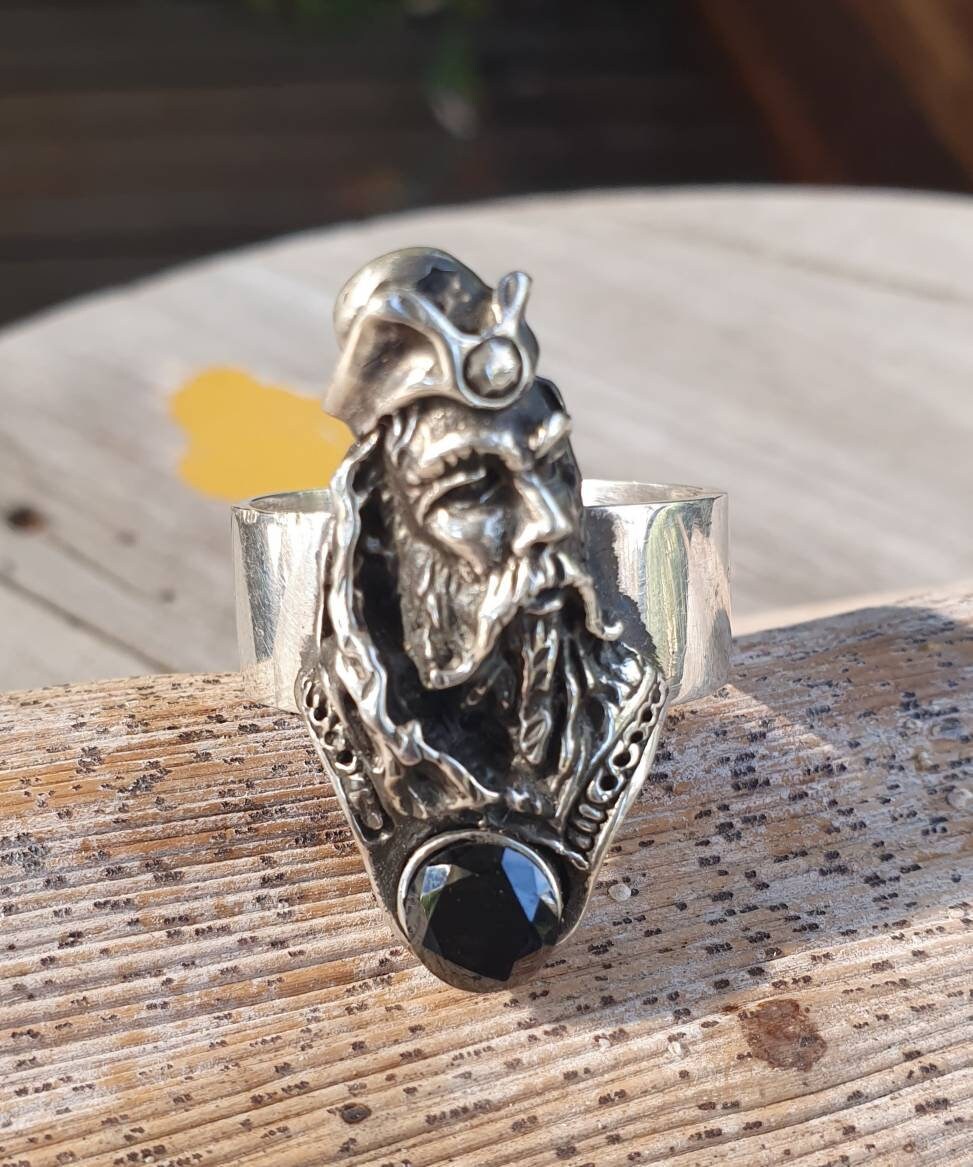 wizard ring,large merlin ring,sterling silver,black cz,handmade,witch,wiccan,magic,fantasy,mythical,occult,Dumble,merlin,