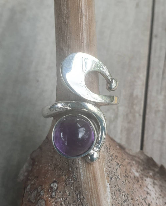 Amethyst ring,sterling silver,long ring,swirl, boho,hipster chic,womens fashion,goddess,hand made