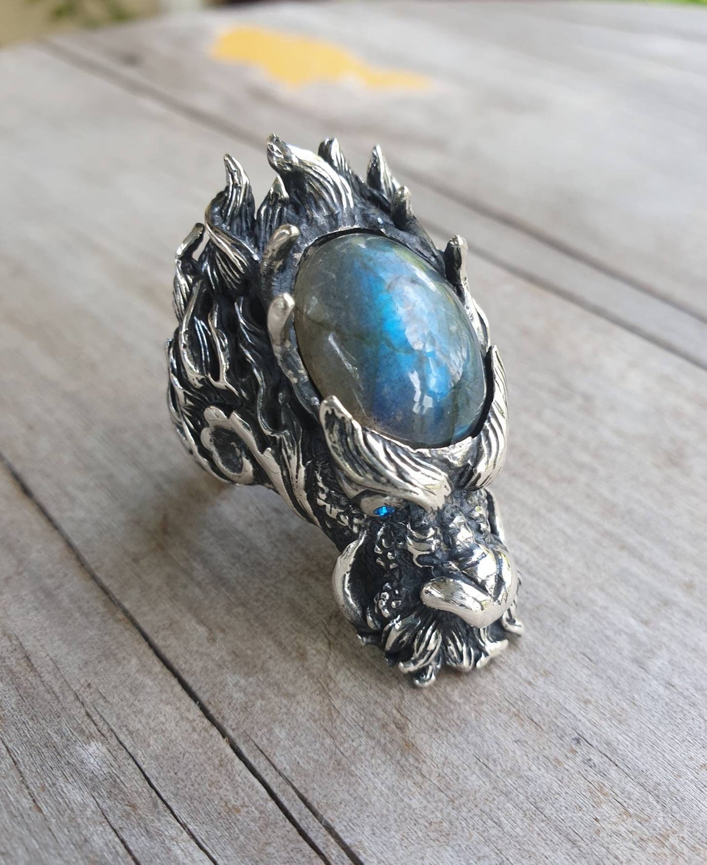 dragon ring,Labrodite,labradorite,large sterling silver dragon,chunky,geiger,steampunk,mythical dragon, chinese dragon