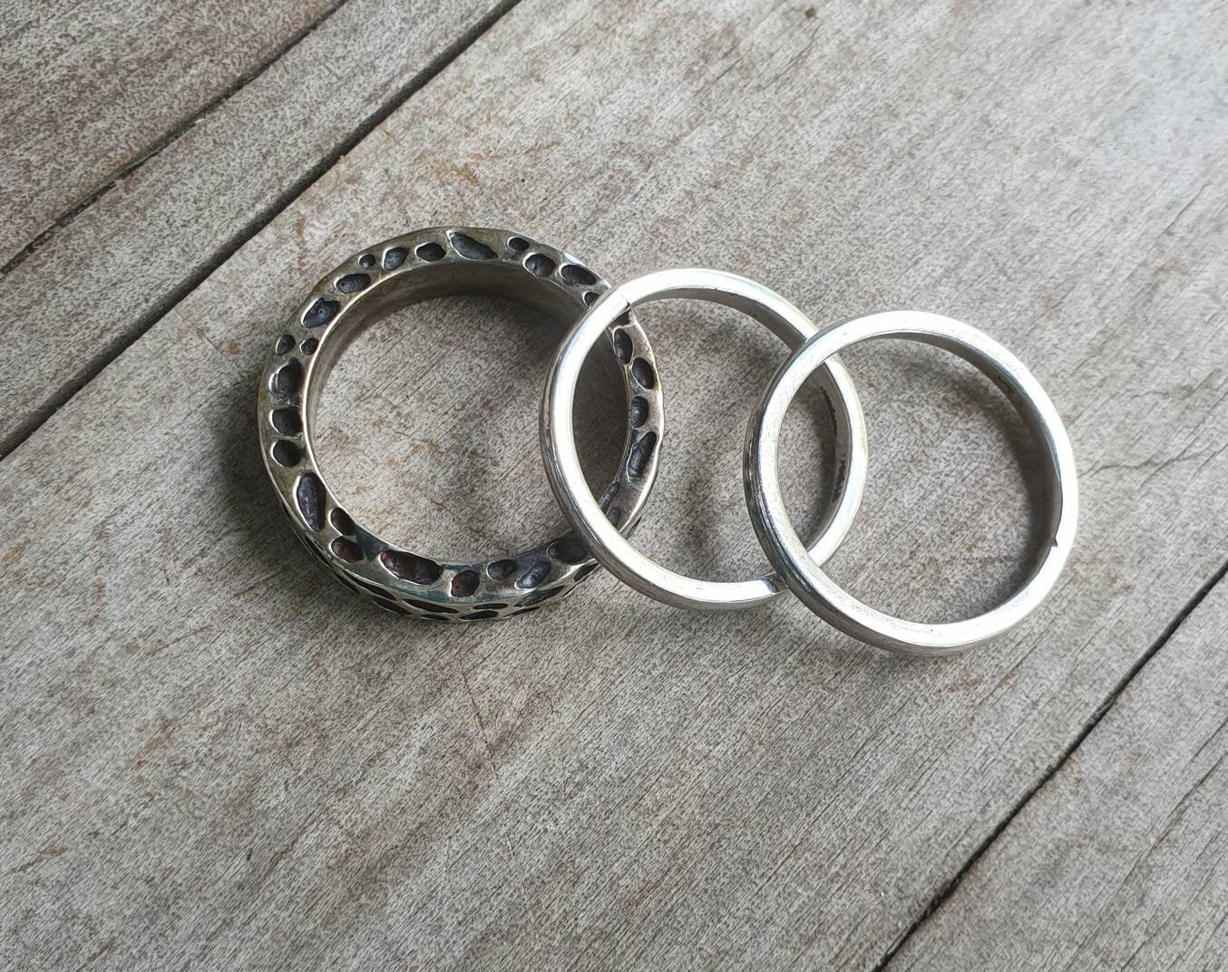 Nugget ring,chunky,3 piece stacker,Sterling silver,industrial,mans rustic,hammered,wedding band, unisex,men's fashion,handmade,steampunk