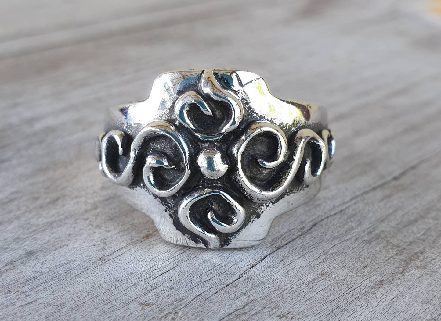 cross ring,rustic tribal cross,pagan,sterling silver,scroll,handmade,medievil,wedding ring,steampunk,