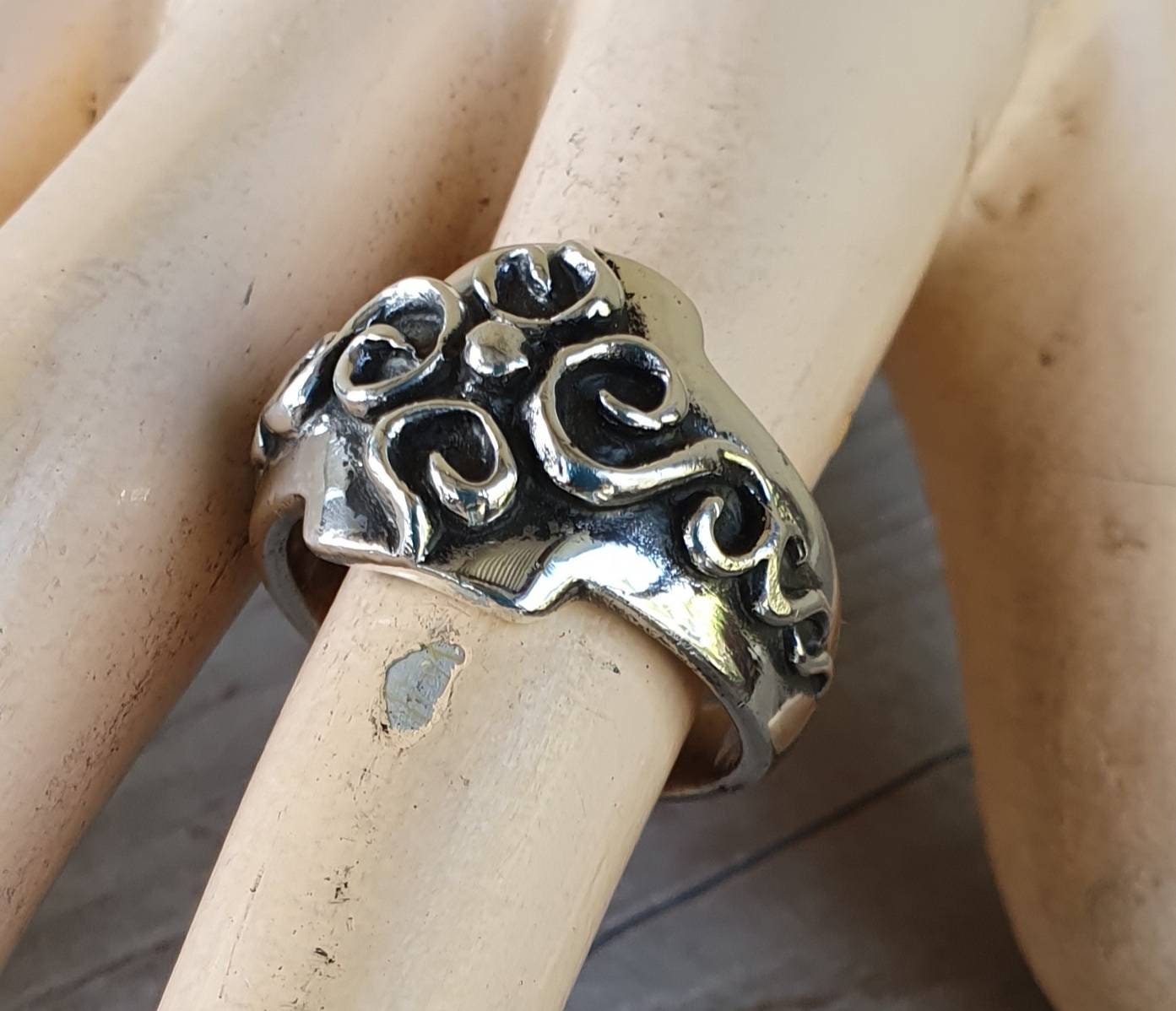 cross ring,rustic tribal cross,pagan,sterling silver,scroll,handmade,medievil,wedding ring,steampunk,