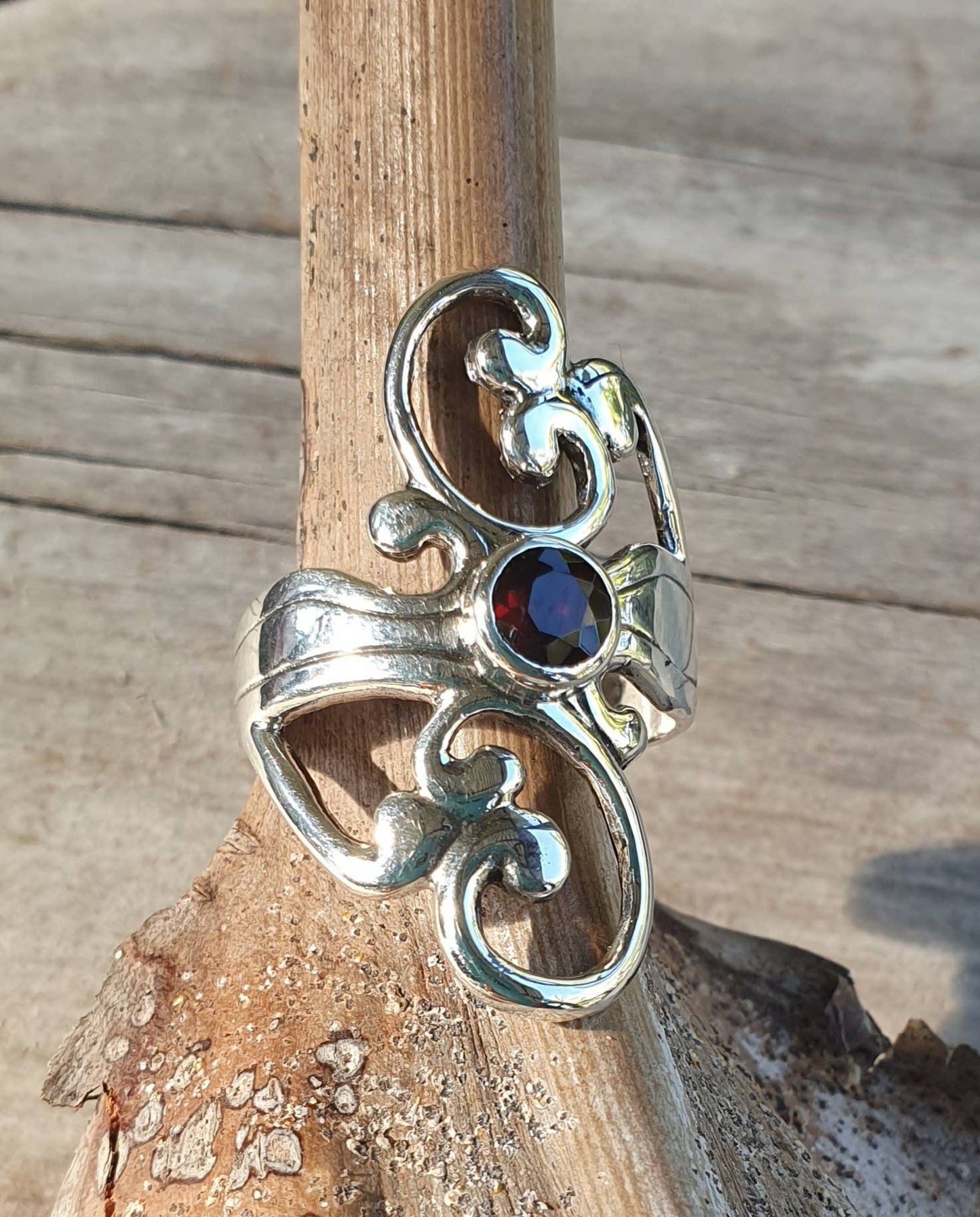 Garnet ring,sterling silver,long silver ring, steampunk,gothic, art nouveau,Victorian,hipster,rockabilly,boho,gypsy,hippy,Designer,handmade