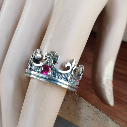 crown ring,sterling silver, rockabilly,synthetic rubies,chunky ring, hipster,wedding band,steampunk gothic