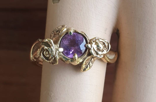 Gold rose ring,amethyst,9ct gold,flower,boho,art nouveau,victorian,vintage,handmade,gypsy,goddess,women fashion