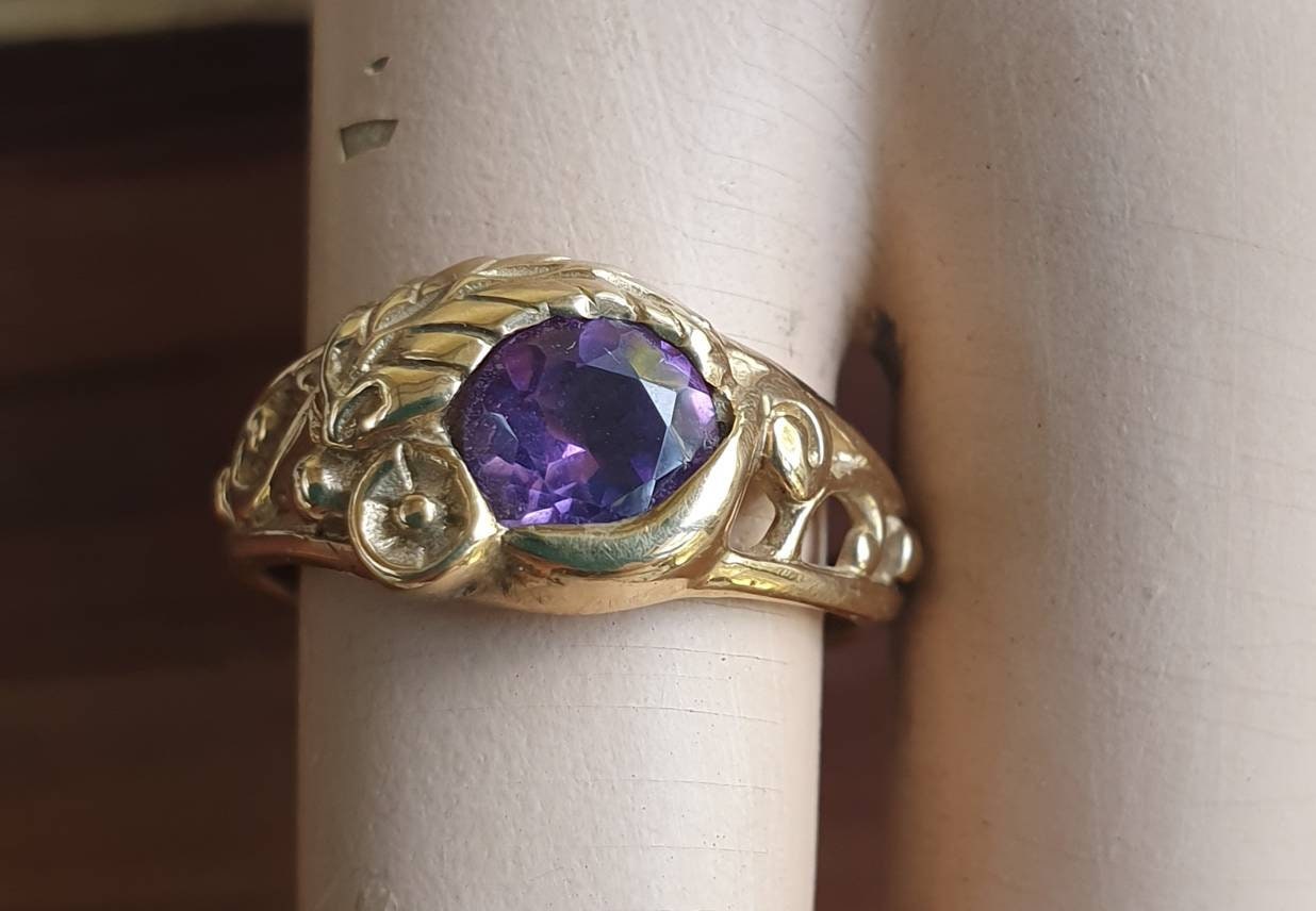 Gold amethyst ring,9ct gold,ornate flower  leaf,vine,boho,art nouveau,victorian,vintage,handmade,gypsy,goddess,women fashion