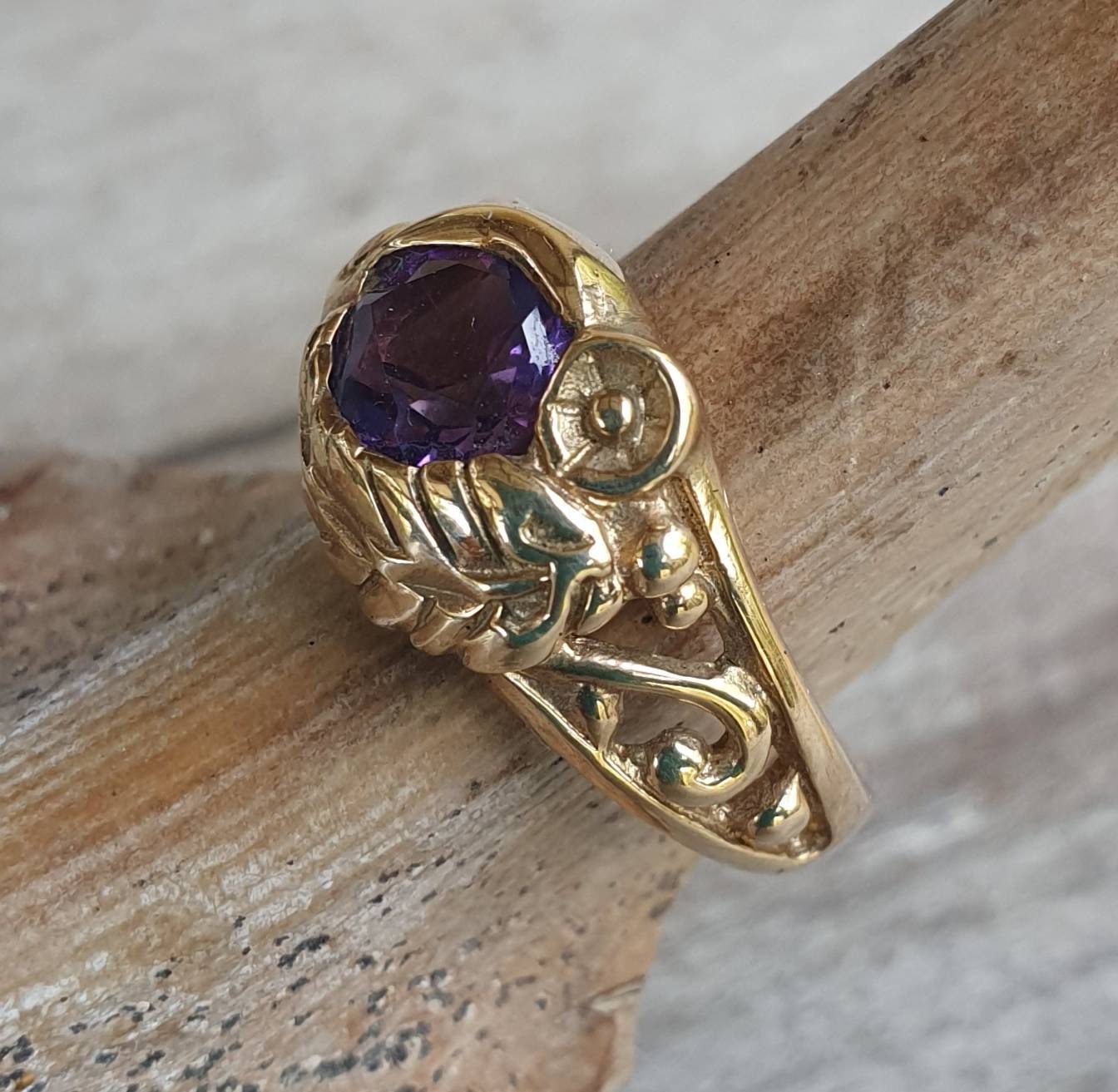 Gold amethyst ring,9ct gold,ornate flower  leaf,vine,boho,art nouveau,victorian,vintage,handmade,gypsy,goddess,women fashion