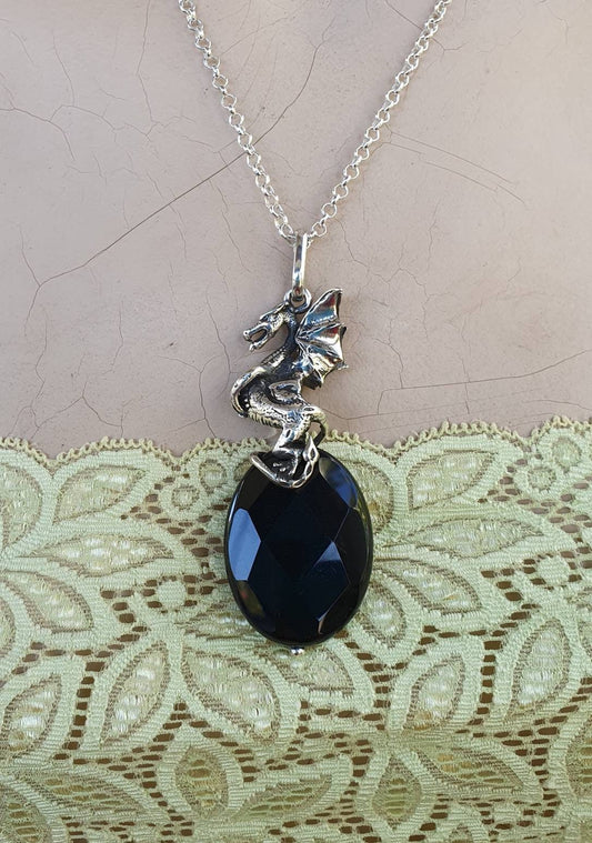 Dragon pendant,large onyx,mythical, sterling silver,year of the dragon,new age,medieval,fantasy.game of thrones