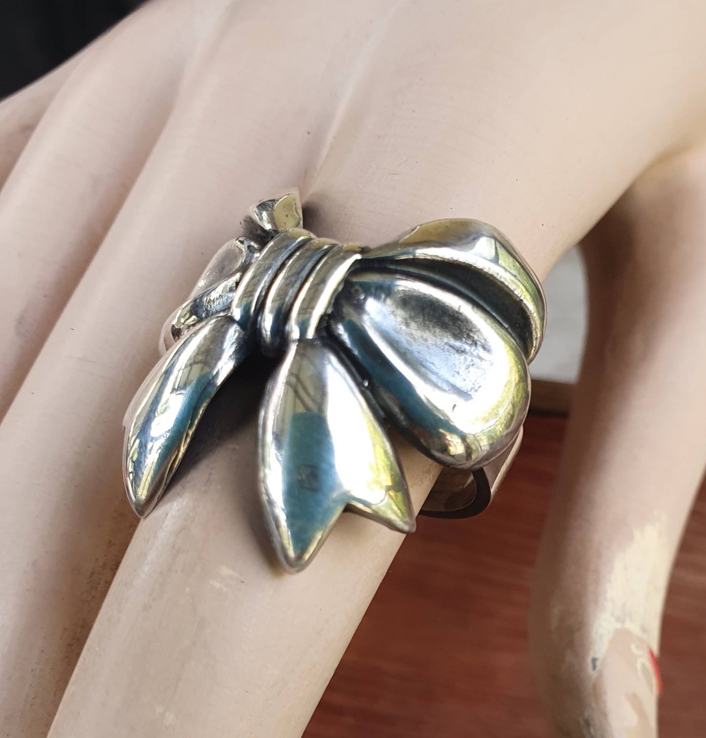 Large Bow ring,sterling silver, ribbon ring,bow,chunky rockabilly,victorian,boho,goddess,handmade