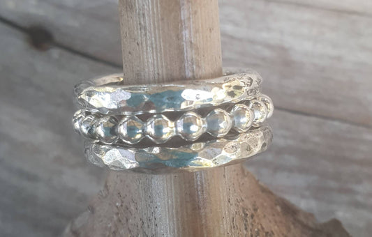 chunky stacker rings,Sterling silver,3 set stackers rings,pearl ball band,hammered  solid bands