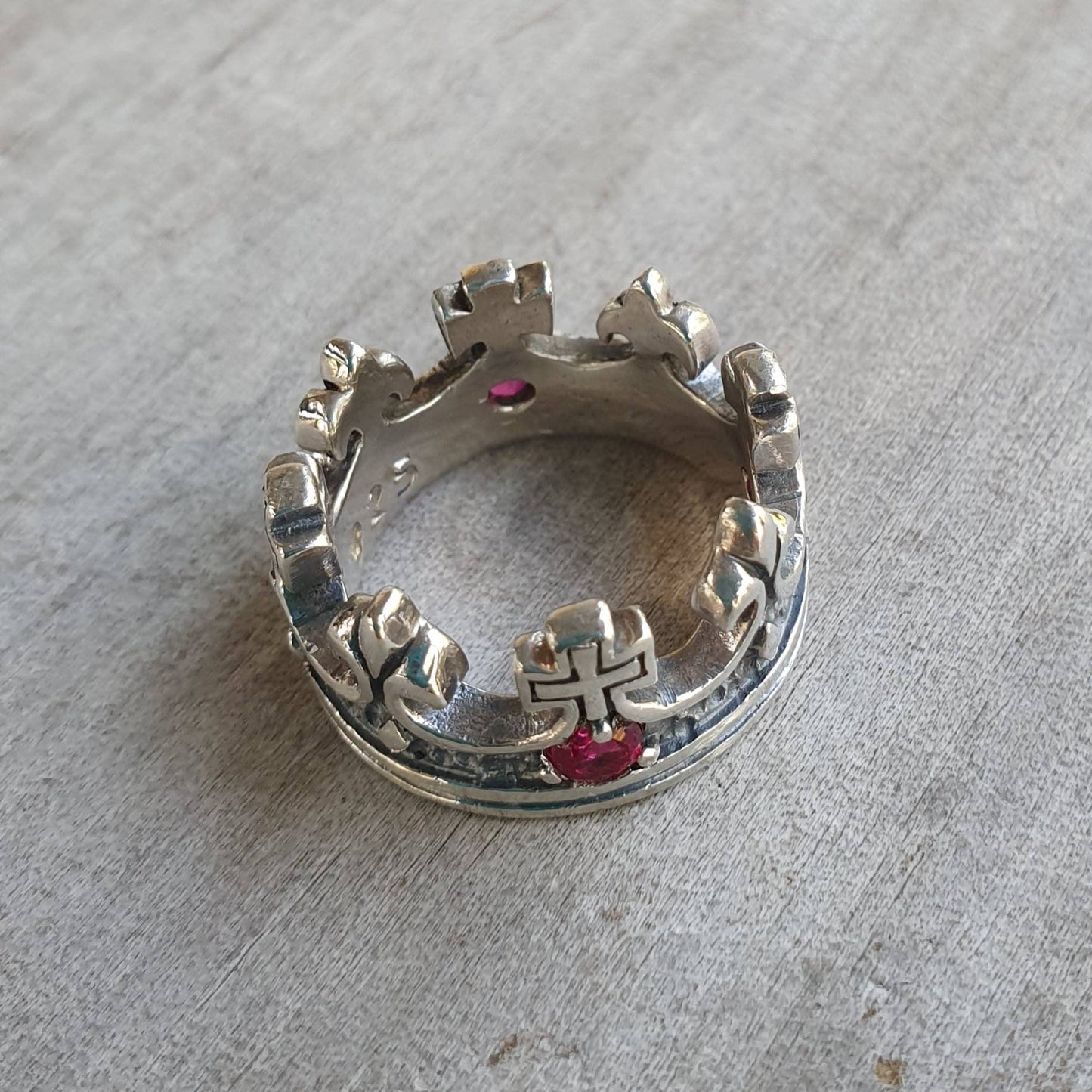 crown ring,sterling silver, rockabilly,synthetic rubies,chunky ring, hipster,wedding band,steampunk gothic