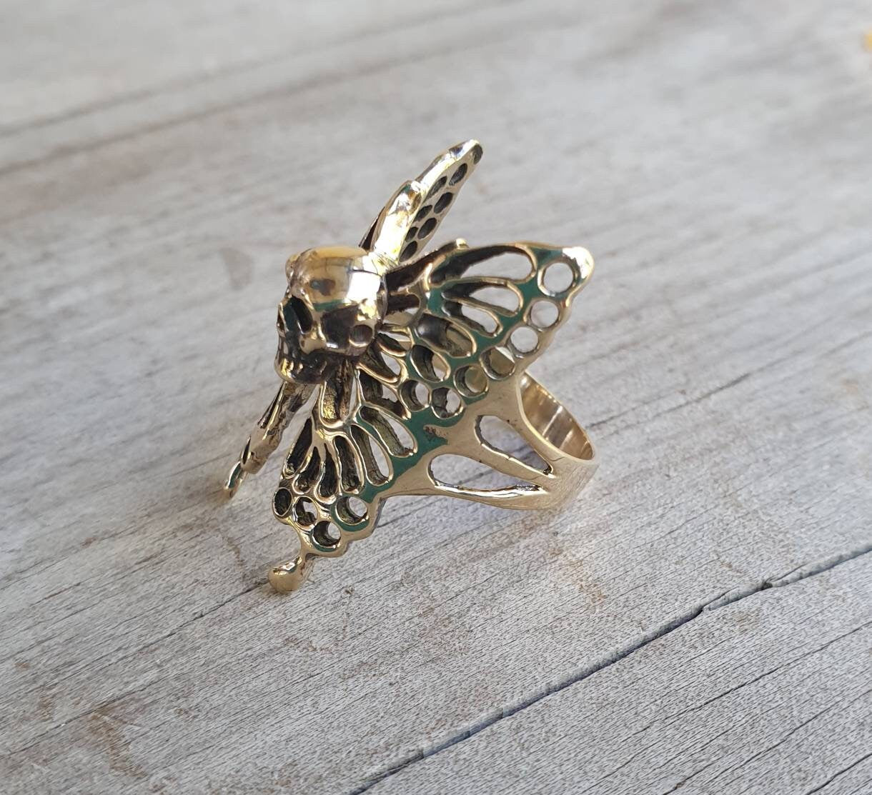 skull butterfly ring,9ct gold,filegree,large butterfly ring,handmade,womens skull ring,rockabilly,steampunk gothic,grunge,boho,gypsy,