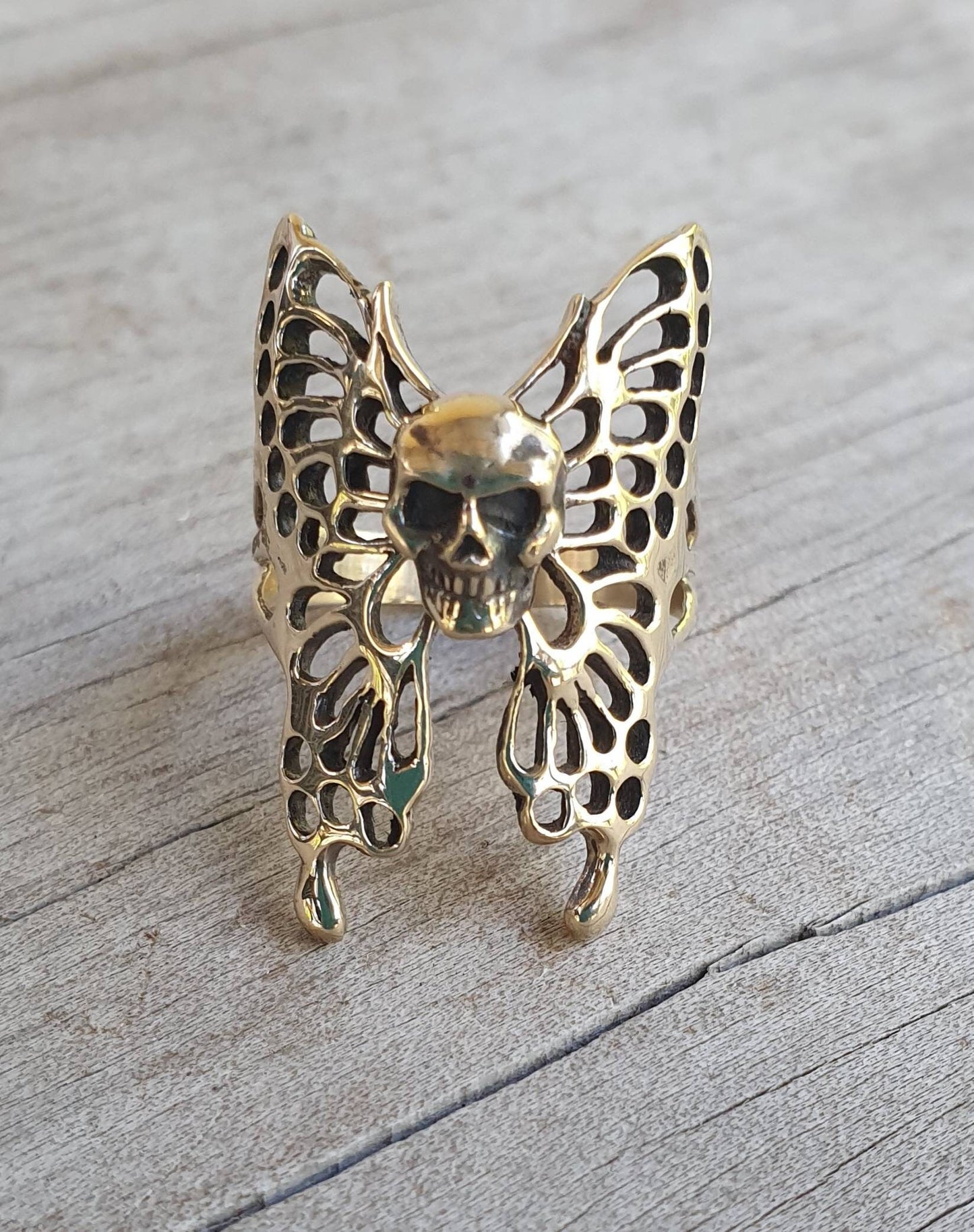 skull butterfly ring,9ct gold,filegree,large butterfly ring,handmade,womens skull ring,rockabilly,steampunk gothic,grunge,boho,gypsy,