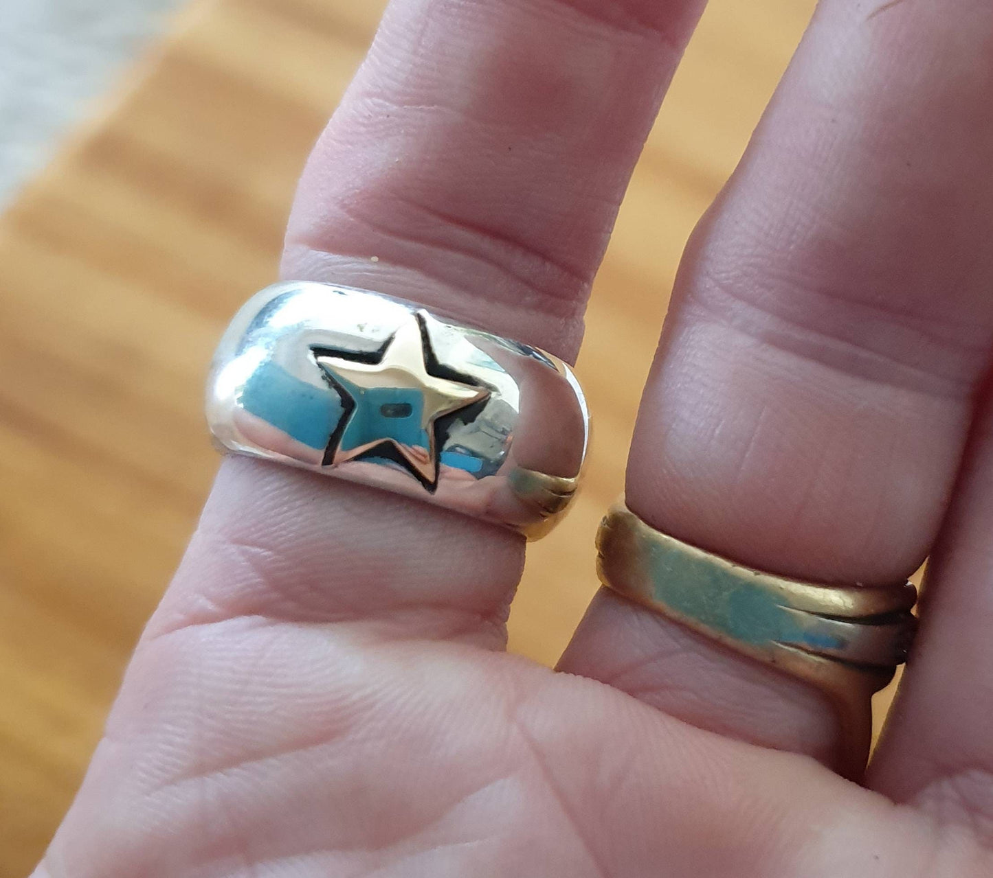 star ring,chunky,9ct gold star,sterling silver,two tone ring,boho,wedding band,half round ,D band,hipster,unisex ring,handmade,hippy,goddess