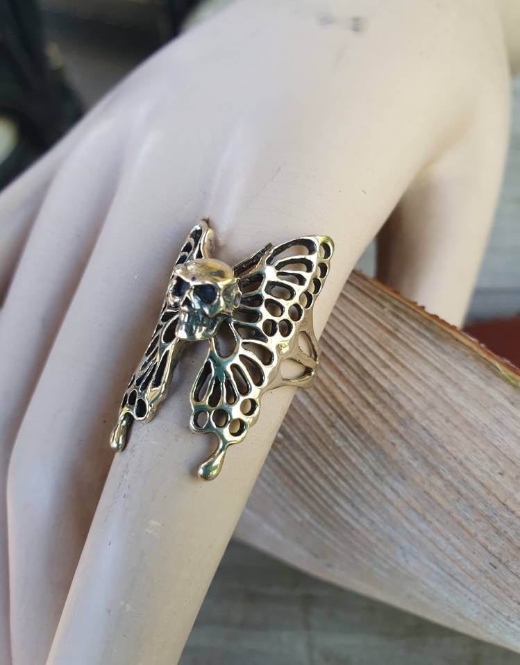 skull butterfly ring,9ct gold,filegree,large butterfly ring,handmade,womens skull ring,rockabilly,steampunk gothic,grunge,boho,gypsy,