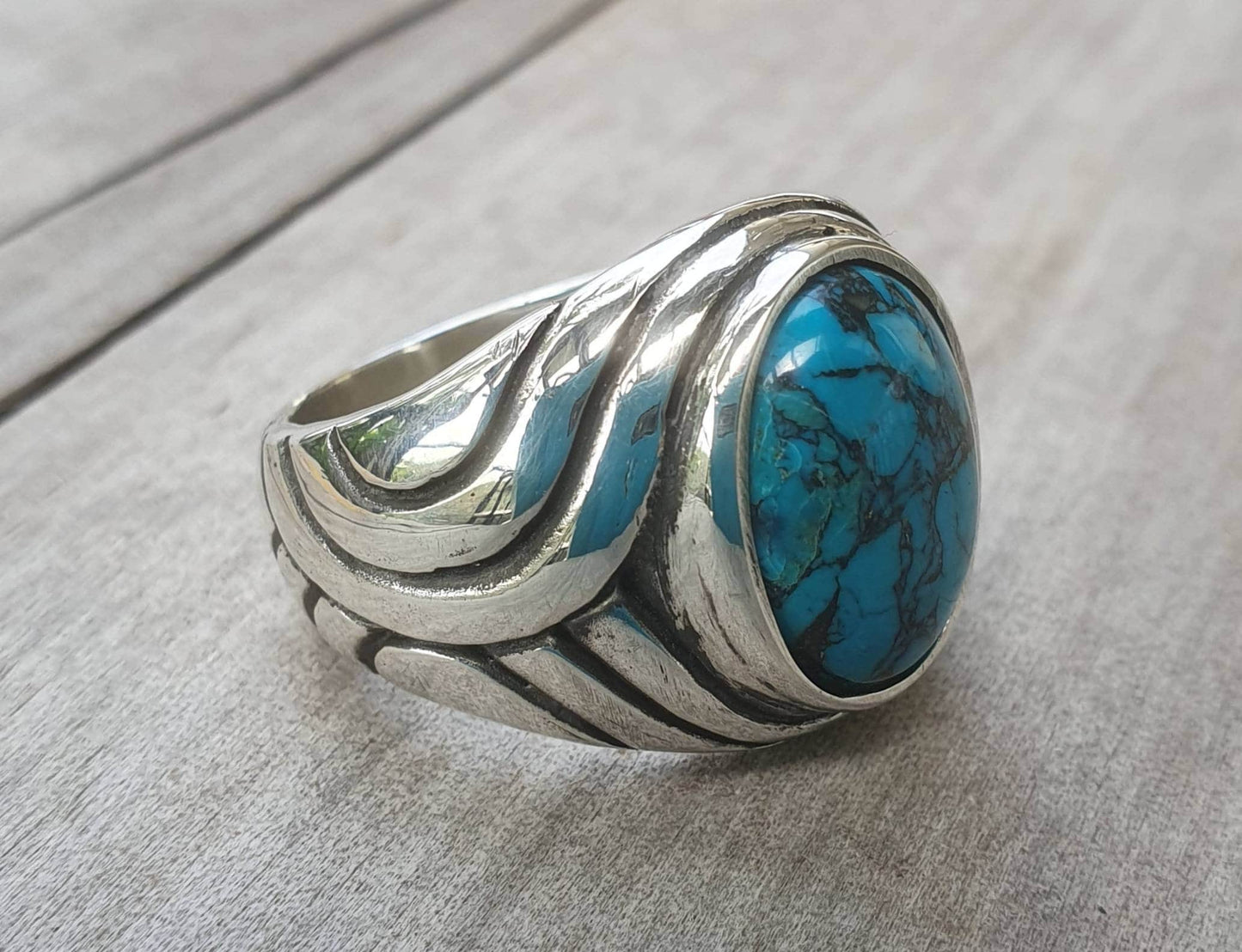 Turquoise ring, sterling silver,chunky,heavy and solid,modern bespoke,boho,mans  dress wedding dress ring