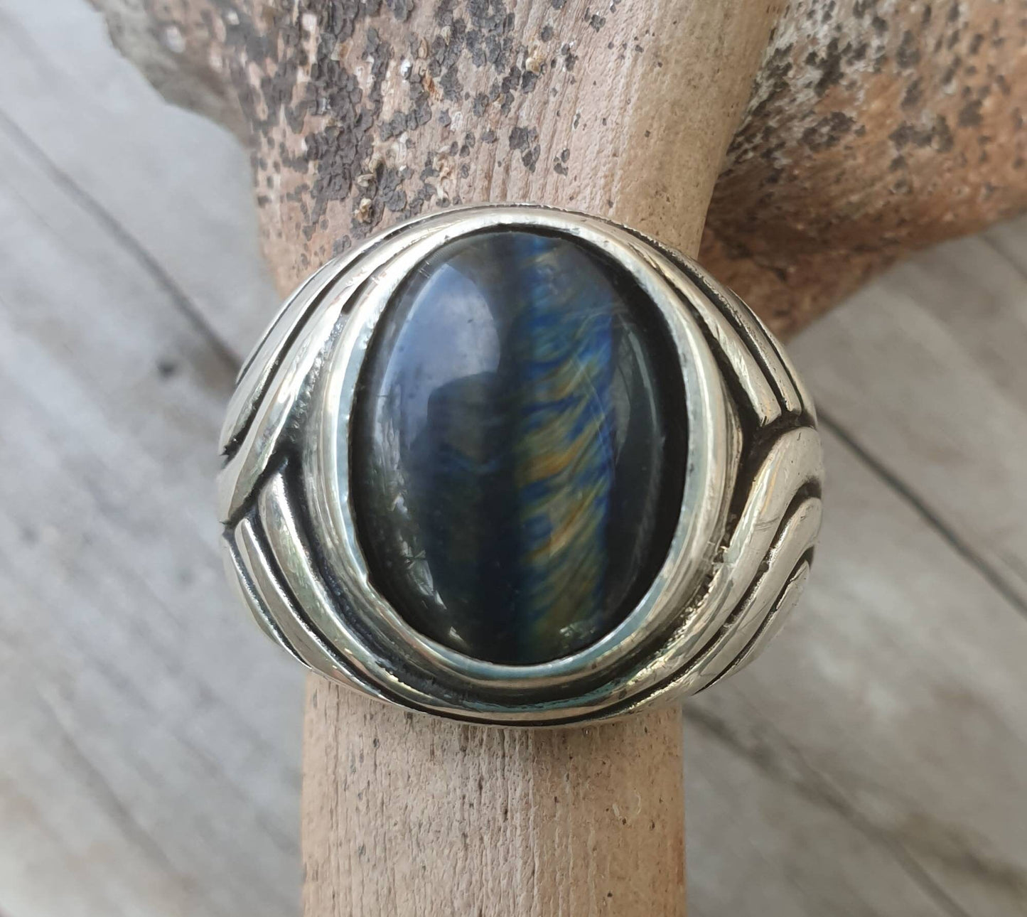 Blue tigers eye ring, sterling silver,chunky,heavy and solid,modern bespoke,boho,mans dress wedding dress ring