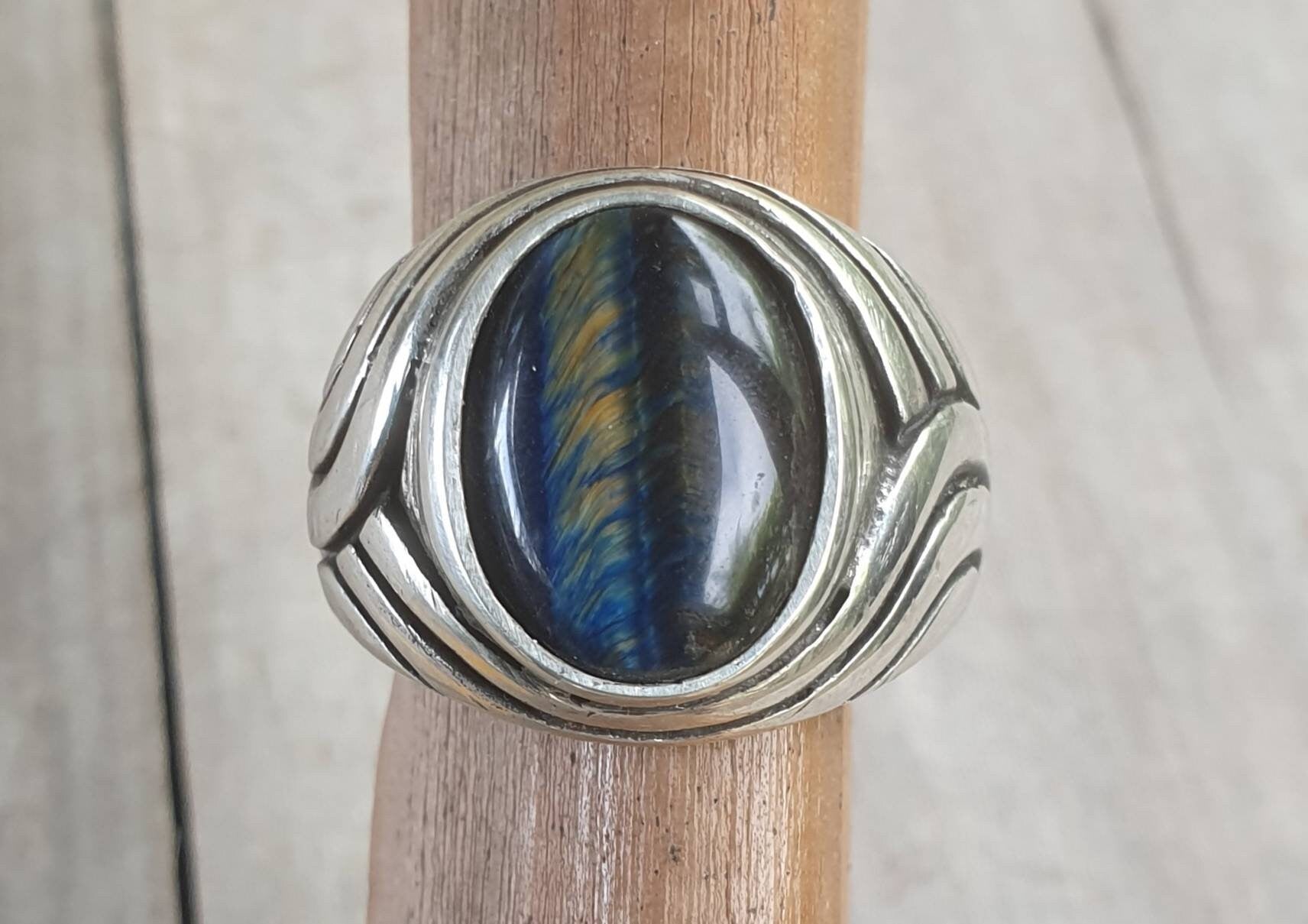 Blue tigers eye ring, sterling silver,chunky,heavy and solid,modern bespoke,boho,mans dress wedding dress ring