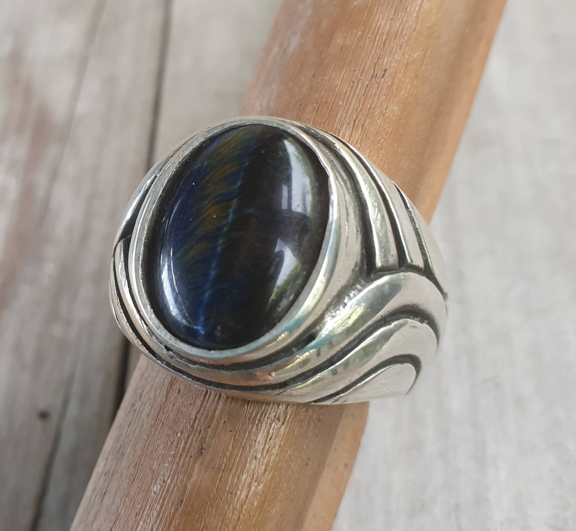 Blue tigers eye ring, sterling silver,chunky,heavy and solid,modern bespoke,boho,mans dress wedding dress ring