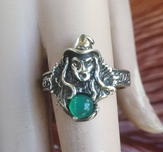 witch ring,sterling silver,green onyx,goddess,occult,magic,fantasy mythical  steampunk gothic punk  ring