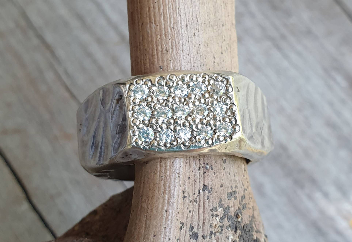 Hexagonal chunky ring,heavy,solid sterling silver,cz top,cubic zirconia, hammered,handmade,unisex ring, wedding ring,heavy band,industrial,