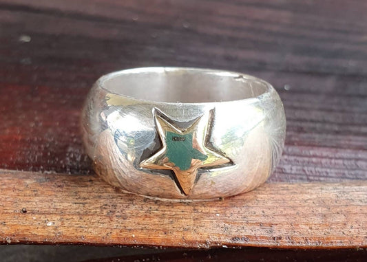 star ring,chunky,9ct gold star,sterling silver,two tone ring,boho,wedding band,half round ,D band,hipster,unisex ring,handmade,hippy,goddess