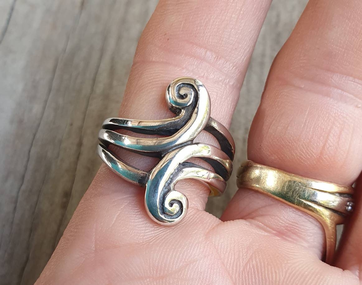 Long silver ring,tribal,sterling silver,curls,maori,koru ,celtic,handmade,silver band,scrolls,Aztec,Inca,