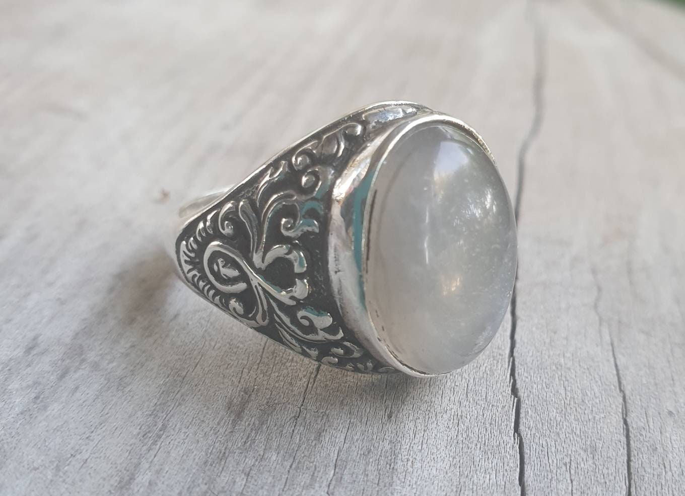 moonstone ring,grey moonstone,sterling silver,antique design,mens wedding dress ring ,scroll pattern