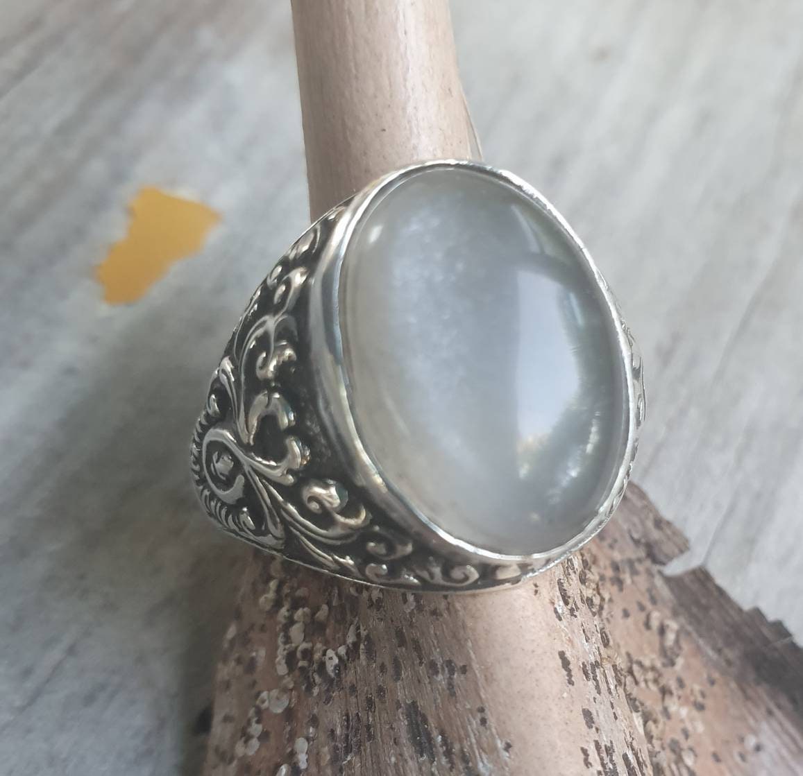 moonstone ring,grey moonstone,sterling silver,antique design,mens wedding dress ring ,scroll pattern