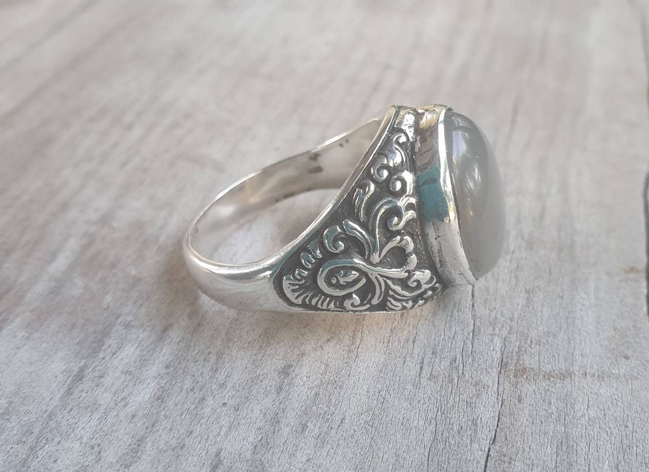 moonstone ring,grey moonstone,sterling silver,antique design,mens wedding dress ring ,scroll pattern