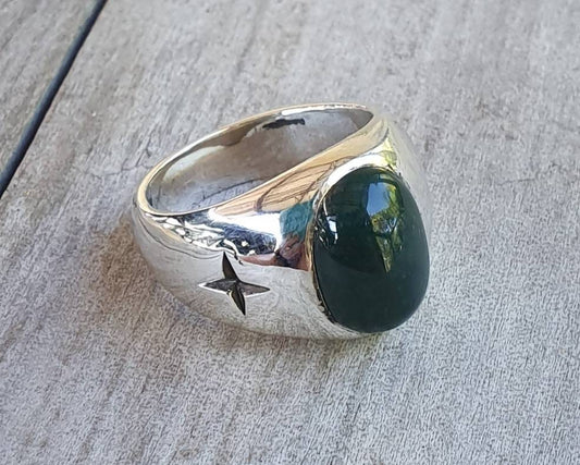 Chunky ring,green onyx,star,sterling silver,handmade,tribal,dress signet ring,aztec,mans fashion,boho,hipster