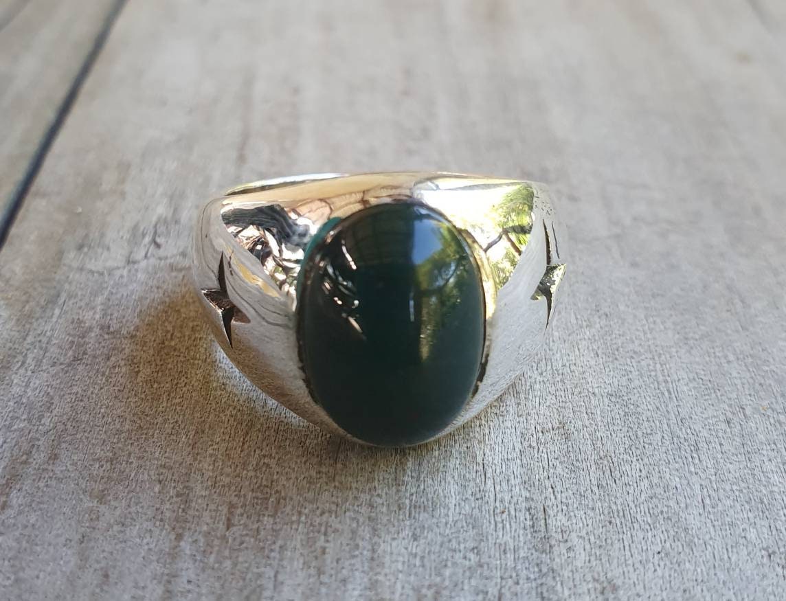 Chunky ring,green onyx,star,sterling silver,handmade,tribal,dress signet ring,aztec,mans fashion,boho,hipster