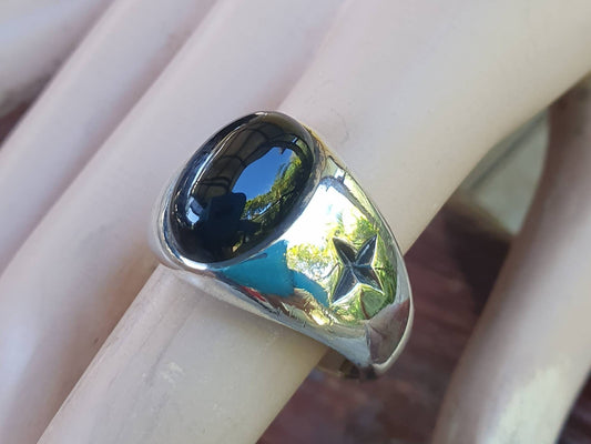 Onyx ring,Chunky,cross,star,sterling silver,black stone,handmade,tribal,dress signet ring,aztec,mans fashion,boho,hipster