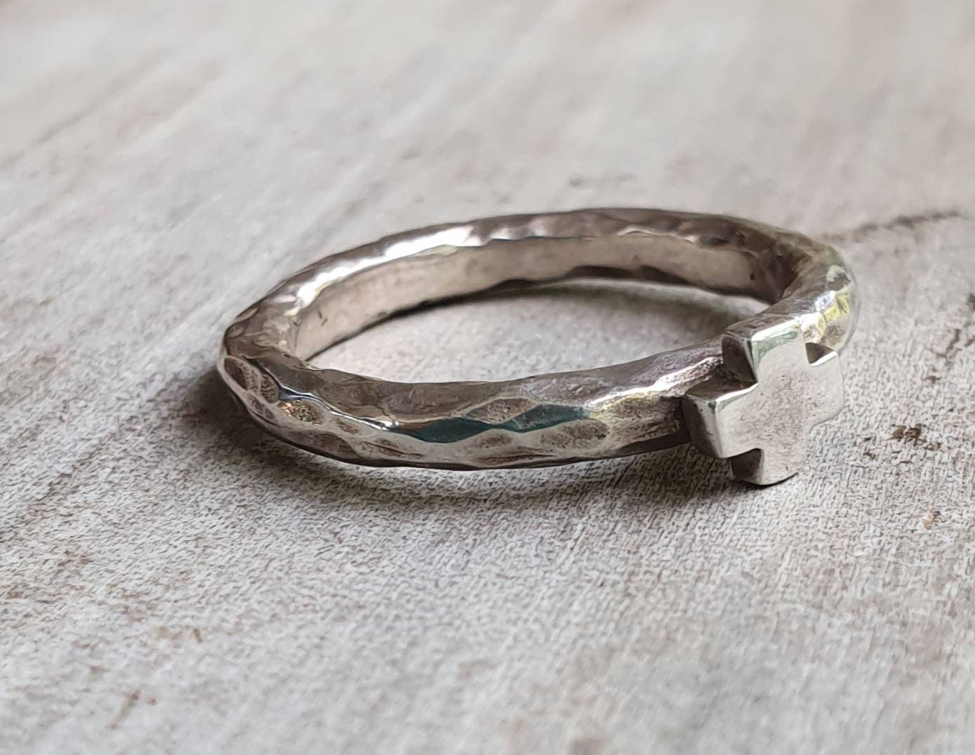 Cross ring,sterling silver,stacker,chunky hammered band,handmade,boho,goddess,round wedding band,thick silver ring,