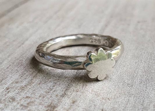 Flower ring,sterling silver,stacker,chunky hammered band,handmade,boho,goddess,round wedding band,thick silver ring,