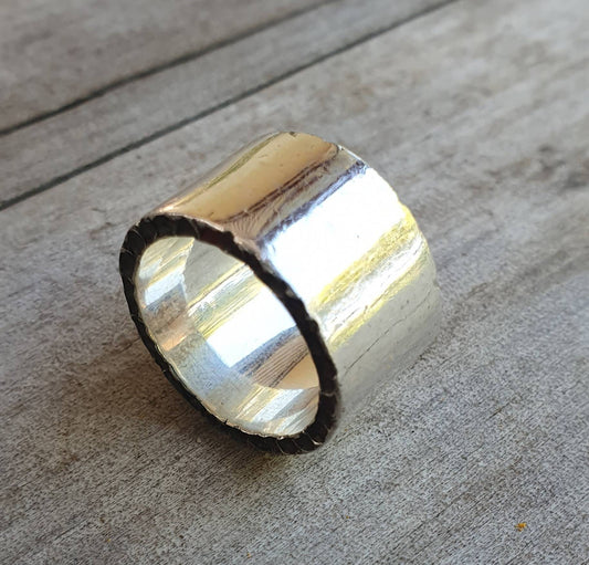 Wide solid ring, sterling silver band,hammered sides,chunky,uneven,rustic,thick wedding dress ring