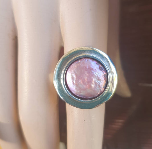 Large ring,pink pearl,sterling silver,chunky ring,wedding ring,boho,handmade, retro ring,modern,