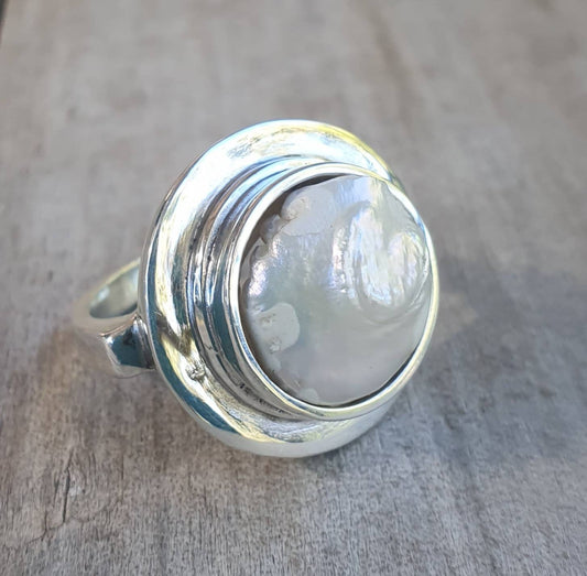 Large ring,coin pearl,sterling silver, freshwater pearl,chunky ring,wedding ring,boho,handmade, retro ring,modern,