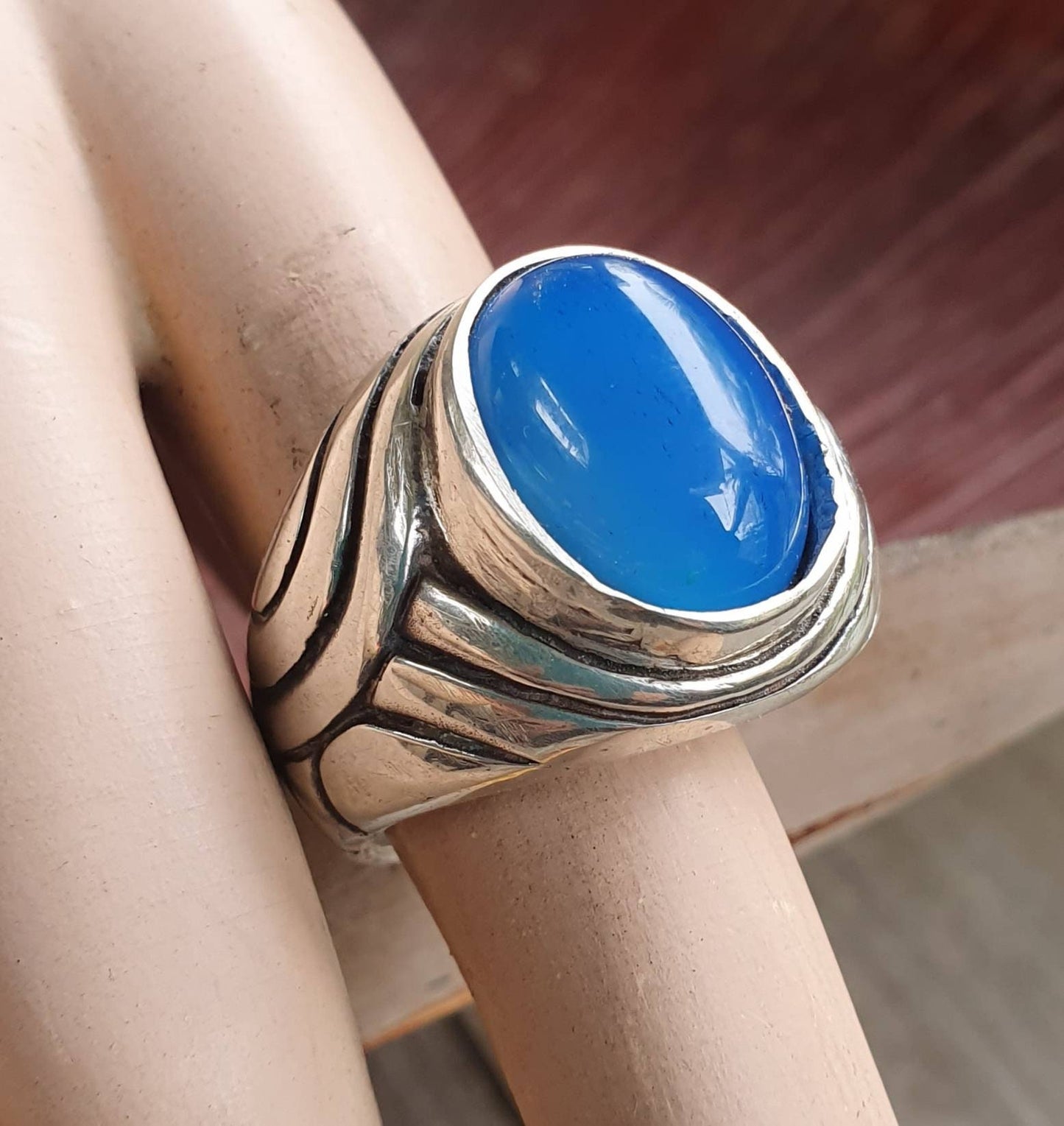 Chunky ring,blue agate,sterling silver,large gemstone,heavy and solid,modern bespoke,boho,mans  dress wedding dress ring