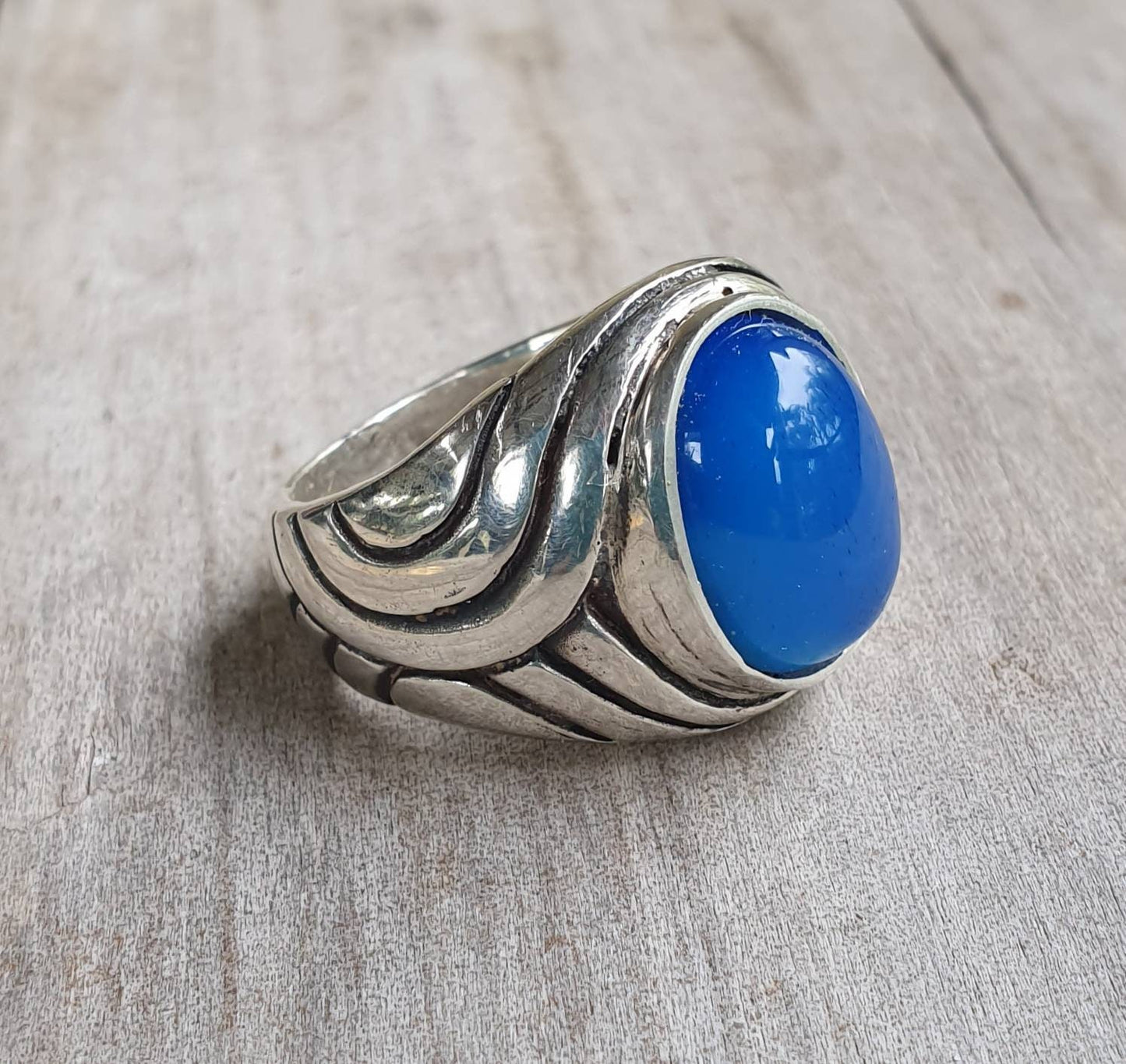 Chunky ring,blue agate,sterling silver,large gemstone,heavy and solid,modern bespoke,boho,mans  dress wedding dress ring