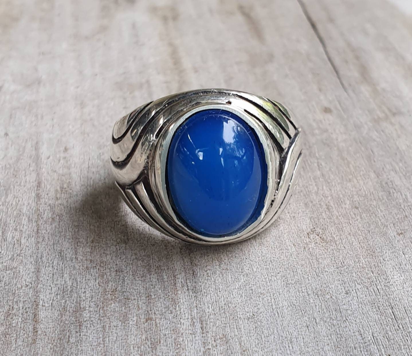 Chunky ring,blue agate,sterling silver,large gemstone,heavy and solid,modern bespoke,boho,mans  dress wedding dress ring