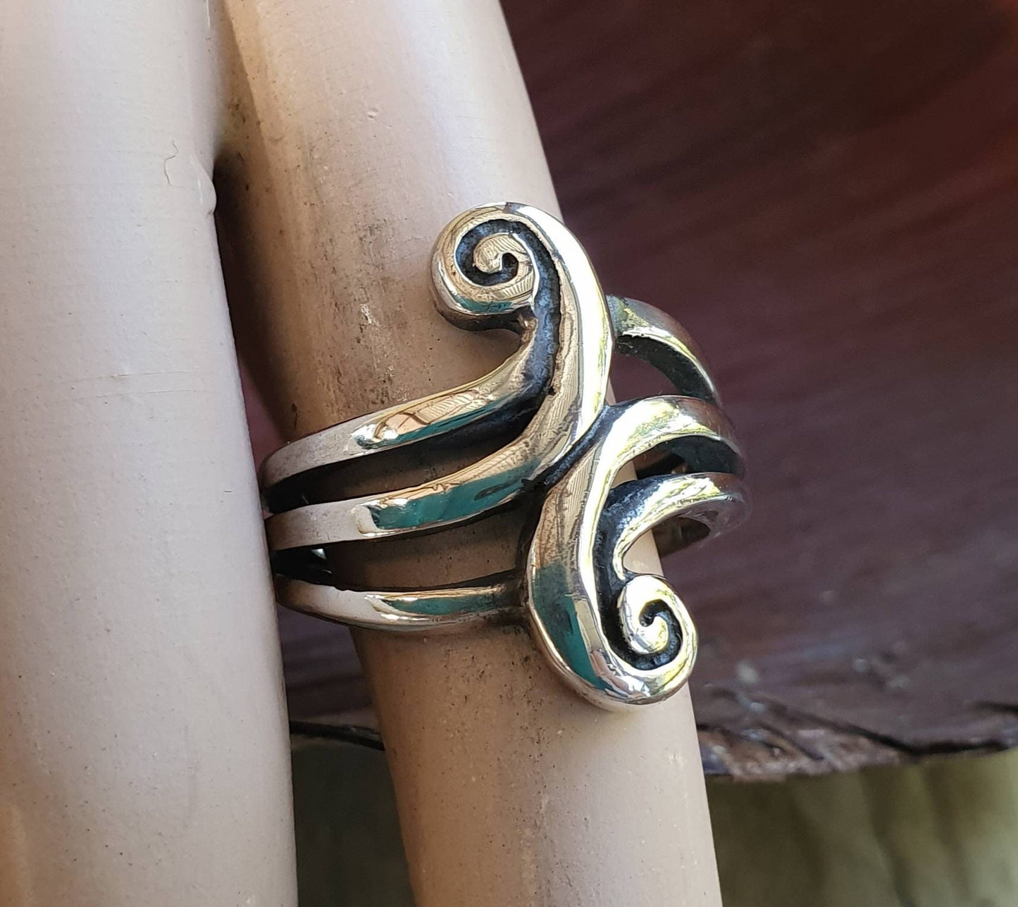 Long silver ring,tribal,sterling silver,curls,maori,koru ,celtic,handmade,silver band,scrolls,Aztec,Inca,