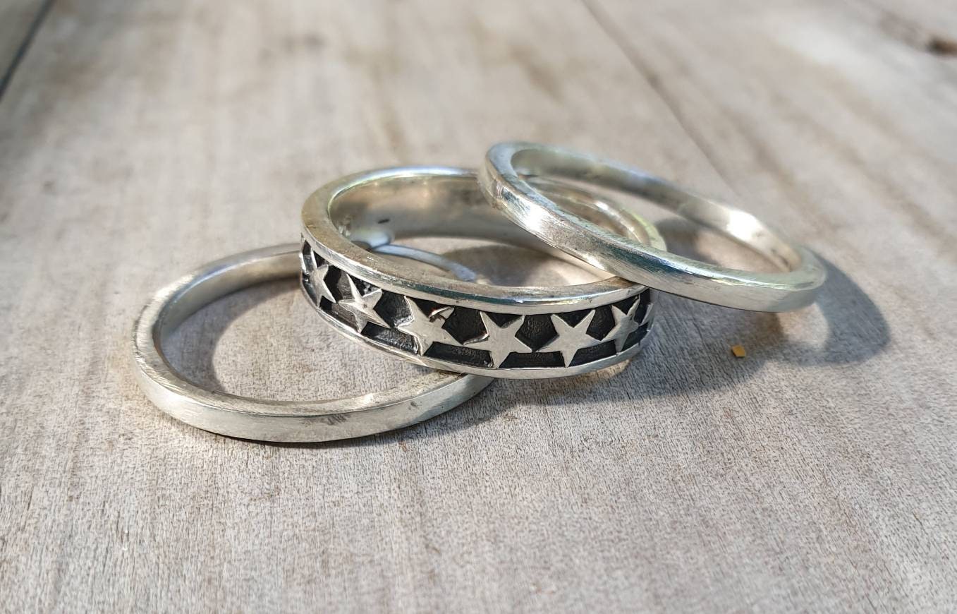 chunky stacker rings,Sterling silver,3 set stackers rings,star band,plain solid bands