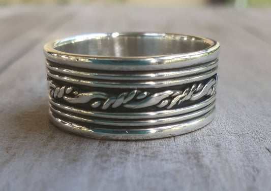 Wide silver band,twisted wire,solid sterling silver,ornate oxidized ring,unisex flat ring,mans dress ring, wedding ring