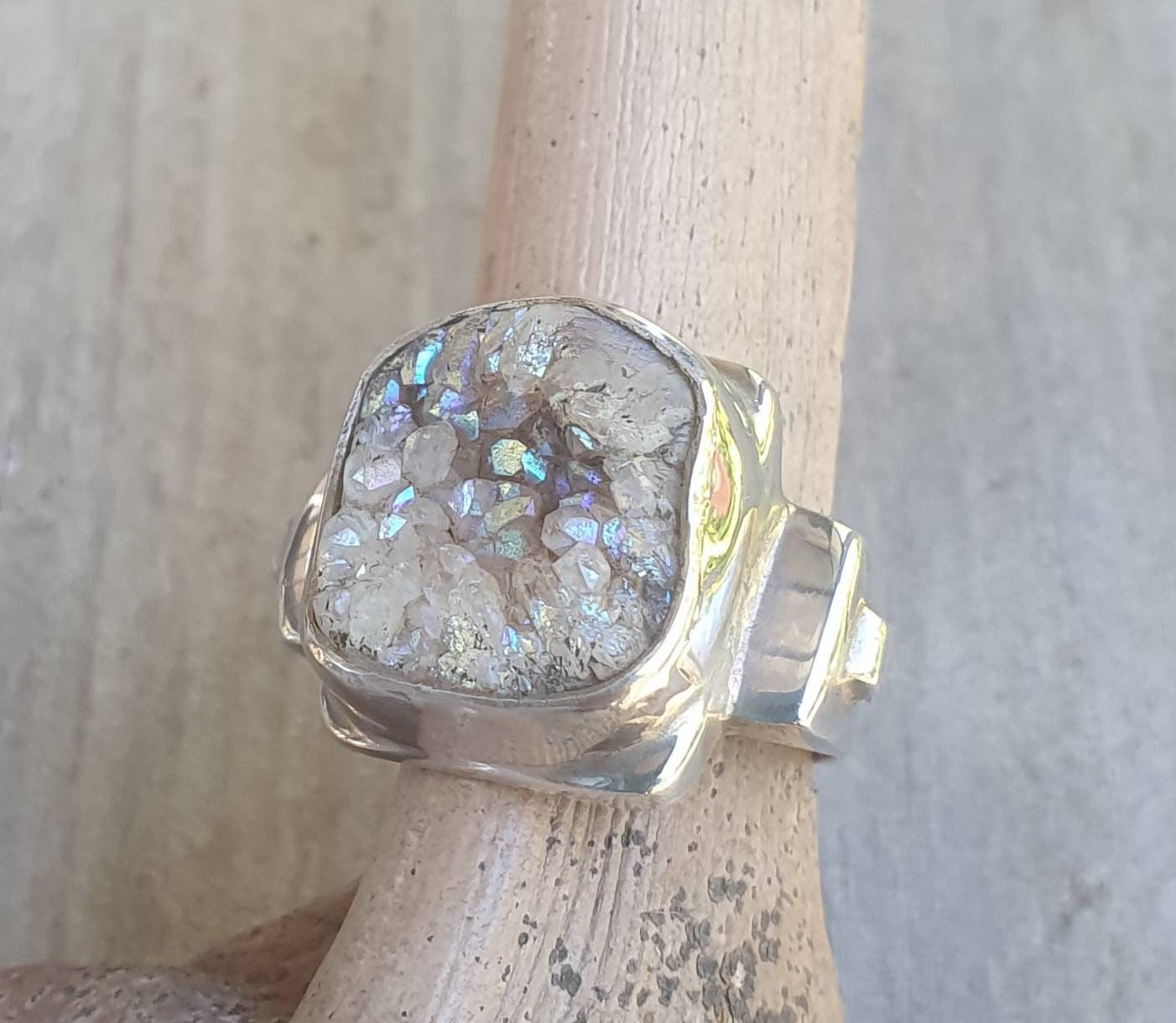 Druzy quartz ring,sterling silver,crystal ring,freeform crystal,chunky original silver ring